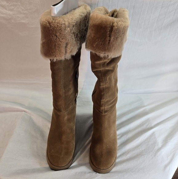 UGG Women's 9.5 Femme Over The Knee Chestnut Suede Fur Wedge Tall Boots New - Picture 5 of 8